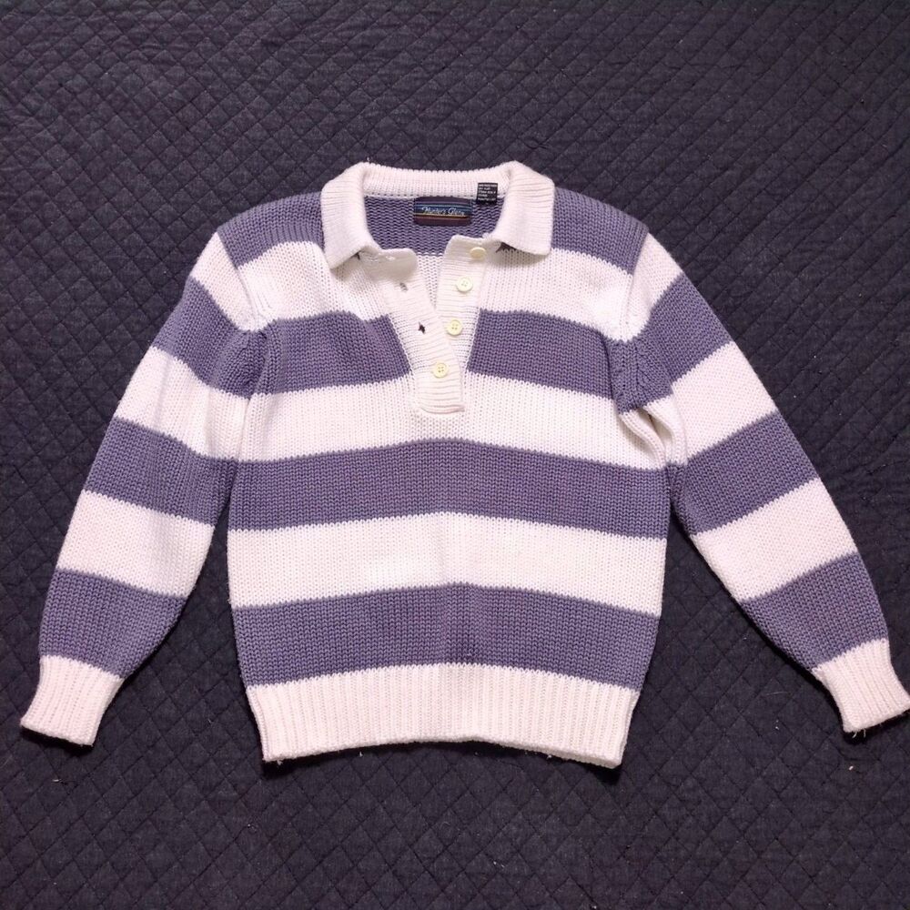 VTG 80s Hunter's Glen Grey Acrylic Sweater Womens M Grey Striped Polo Collar